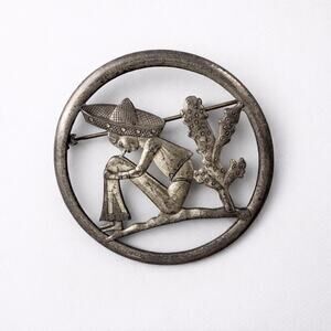 Vintage Truart Southwestern Sterling Silver Figural Brooch Siesta by Cactus